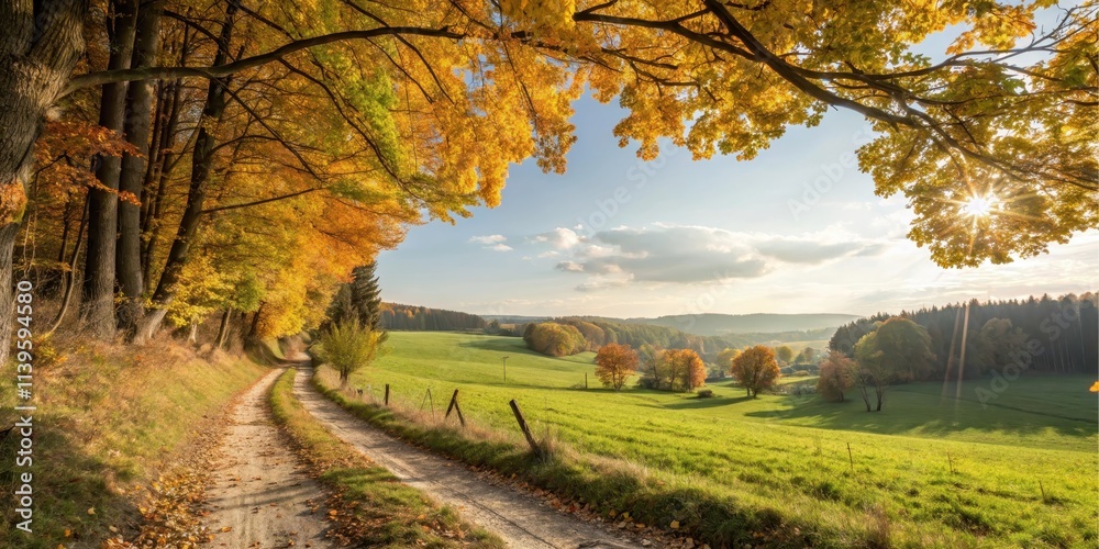 Naklejka premium Autumnal Pathway Through Golden Canopy Leading to Serene Meadow Landscape