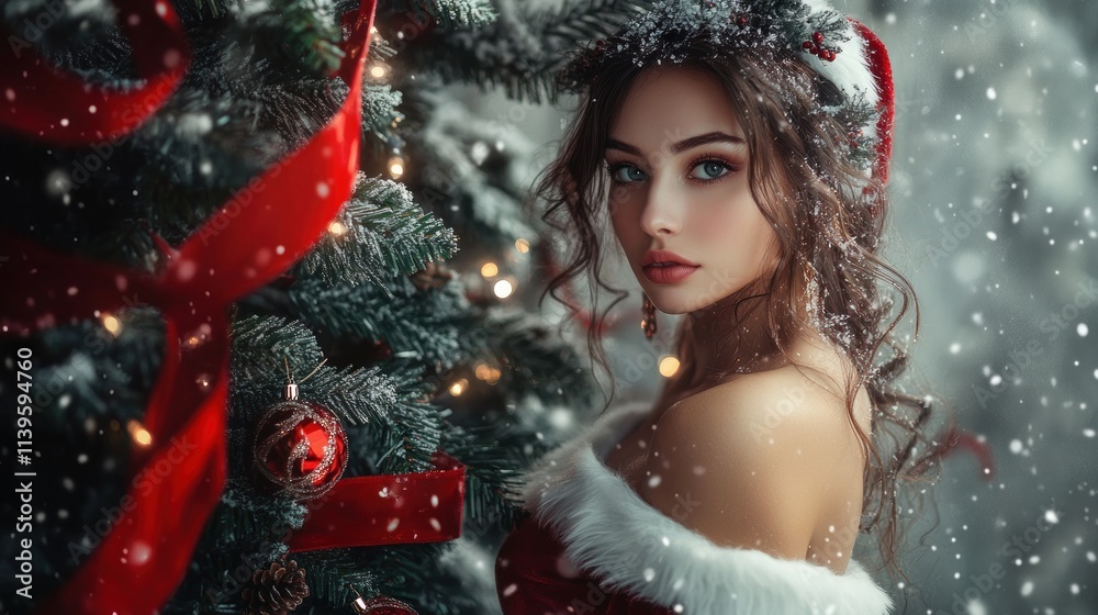 A beautiful woman in a Santa dress, standing beside a decorated Christmas tree, with red ribbons and twinkling lights creating a festive backdrop. A beautiful woman in a Santa dress, standing beside a decorated Christmas tree, with red ribbons and twinkling lights creating a festive backdrop.