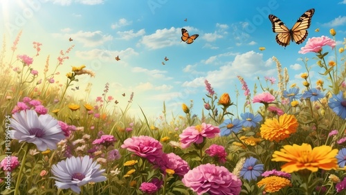 a vibrant, colorful scene depicting a field of wildflowers,
