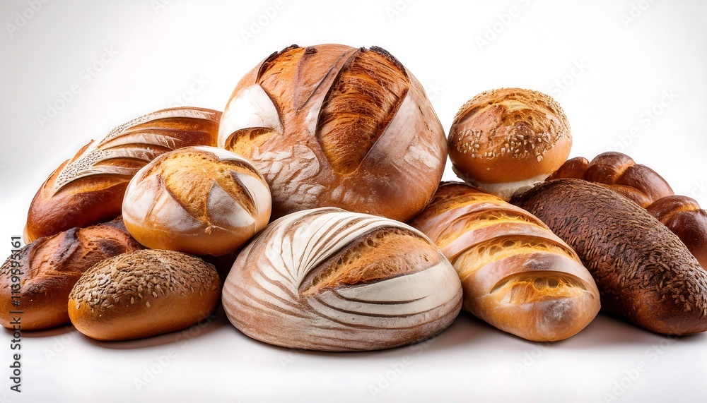 An array of artisan bread loaves with varied patterns are clustered on white background.