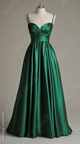 A bold evening dress in emerald green, with a structured bodice and an elegant A-line skirt, designed to make a statement at any formal event.