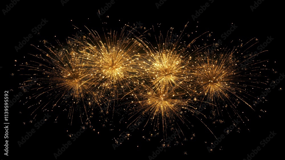 Obraz premium A breathtaking view of golden fireworks exploding in the night sky, with abstract blur effects creating a dazzling background for a New Year's Eve celebration.