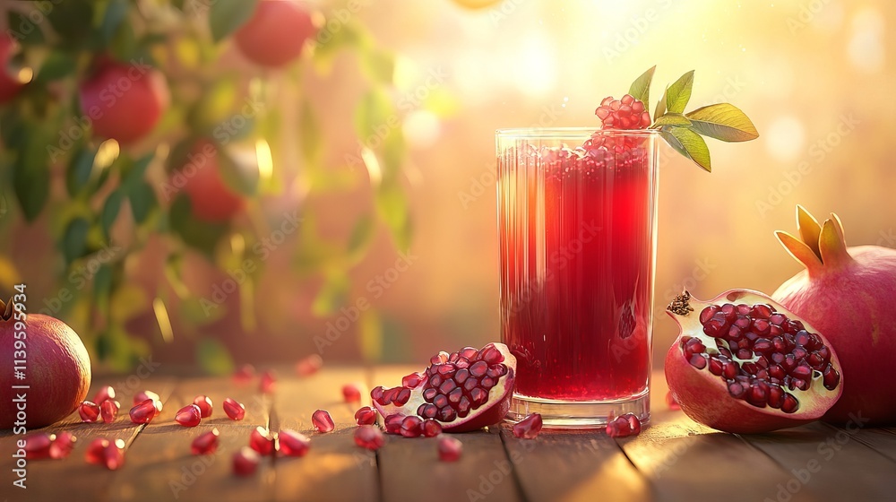 A glass of pomegranate juice with fresh fruits sits on a wooden table. The table is in front of a pomegranate plant. A glass of pomegranate juice with fresh fruits sits on a wooden table. The table is in front of a pomegranate plant.