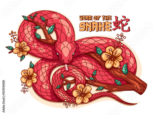 Illustration of a vibrant red snake zodiac coiled gracefully among blooming flowers, tree branch and lush green leaves. This illustration is perfect for themes related to Chinese culture, zodiac signs