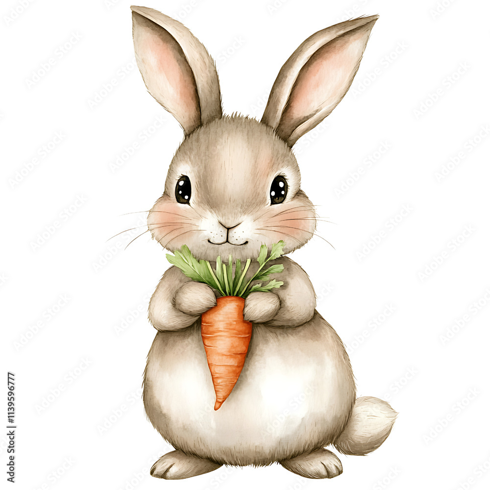 Obraz premium Cute rabbit holding carrot with green leaves, perfect for spring themes