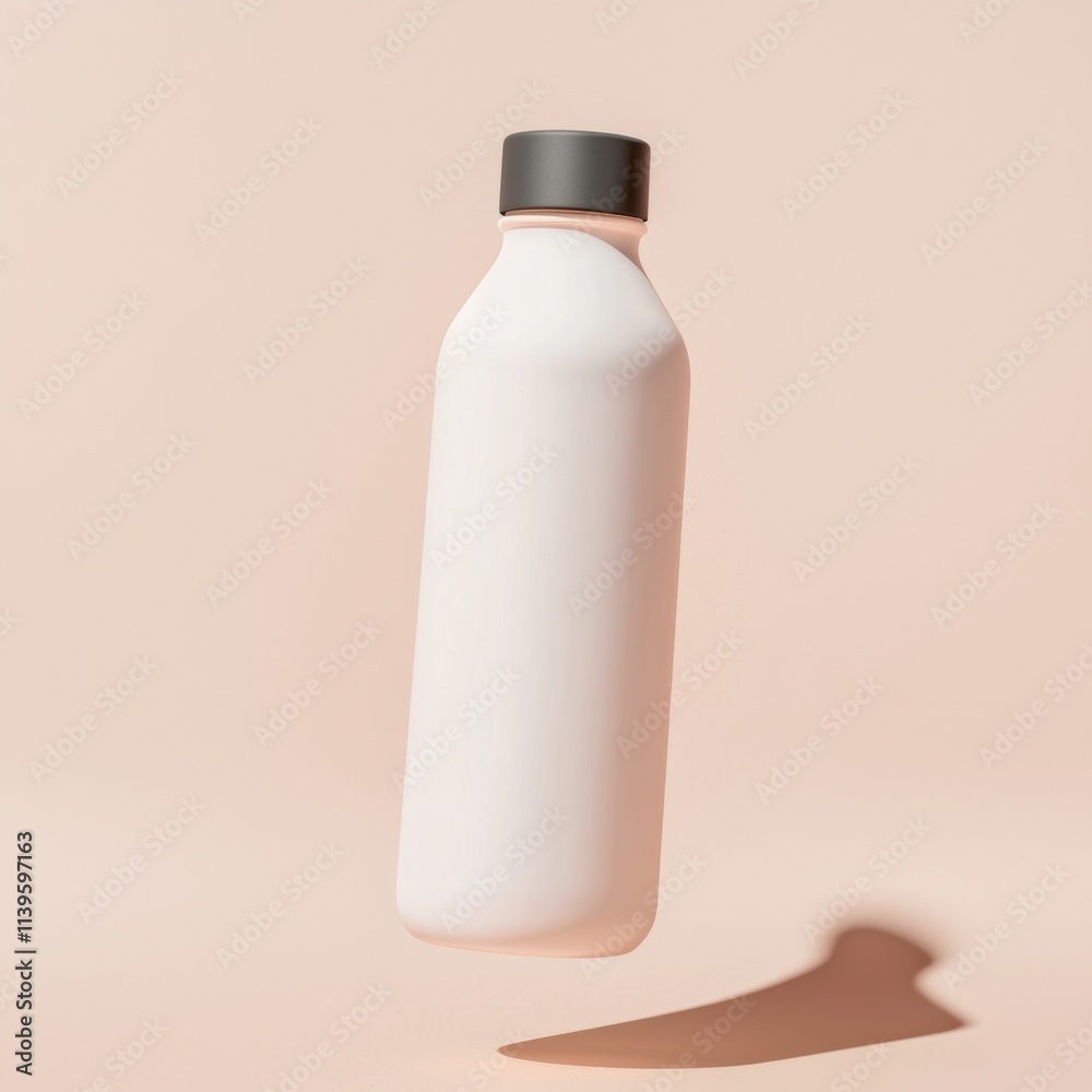 Minimalist concept for mock-up of food packaging bottle. Bottle with a minimalist design against a neutral background Minimalist concept for mock-up of food packaging bottle. Bottle with a minimalist design against a neutral background