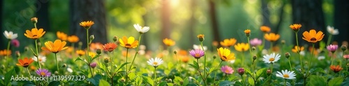 Wildflowers sway in gentle breeze amidst forest foliage, petals, trees