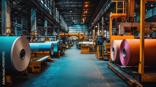 A busy colorful paper factory with large rolls of paper in various colors, automated systems printing and cutting the materials.