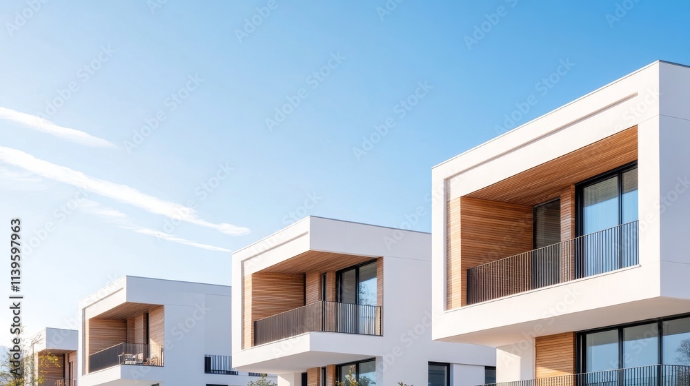 Modern rental apartments in Estes with stylish architecture and bright blue sky Modern rental apartments in Estes with stylish architecture and bright blue sky