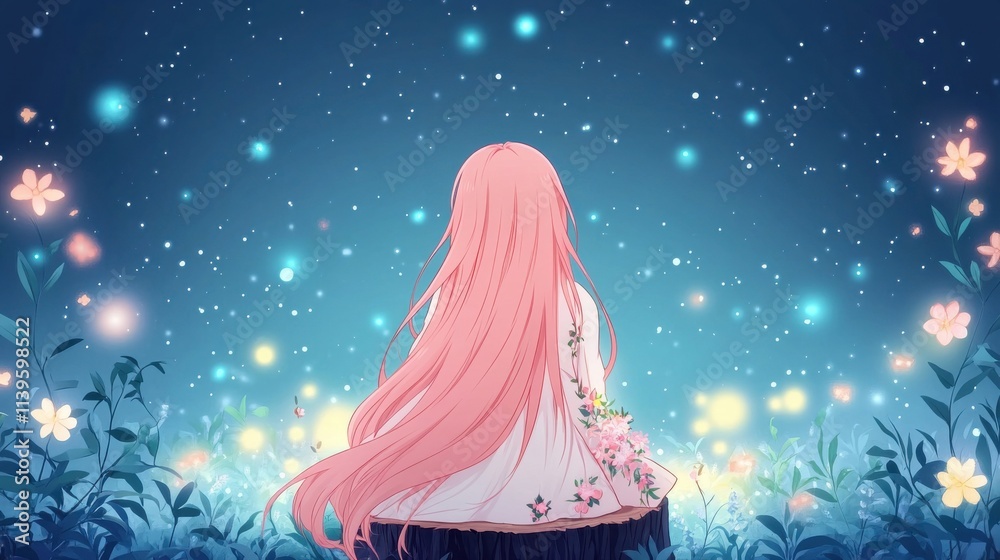Serene Girl with Pink Hair Gazing at a Starry Night Sky Surrounded by Blossoming Flowers and a Dreamlike Atmosphere of Colorful Glowing Lights Serene Girl with Pink Hair Gazing at a Starry Night Sky Surrounded by Blossoming Flowers and a Dreamlike Atmosphere of Colorful Glowing Lights