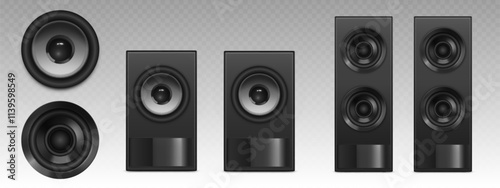 Black audio speaker systems of different configurations - single round units and rectangular textured enclosures with multiple drivers. Realistic 3d professional sound equipment with metallic cones. photo