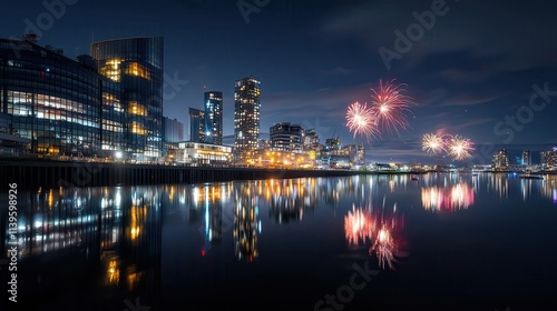 A breathtaking cityscape at night with vibrant fireworks lighting up the sky,