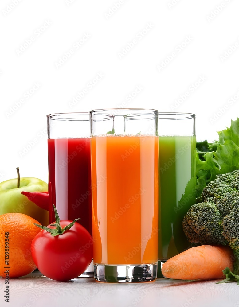 Variety of colorful juices, glasses, various fruits and vegetables, white background, fresh. Variety of colorful juices, glasses, various fruits and vegetables, white background, fresh.