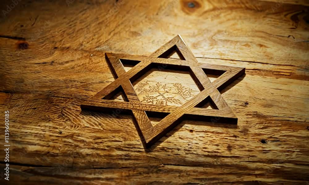 A wooden Star of David placed on a rustic wooden surface.