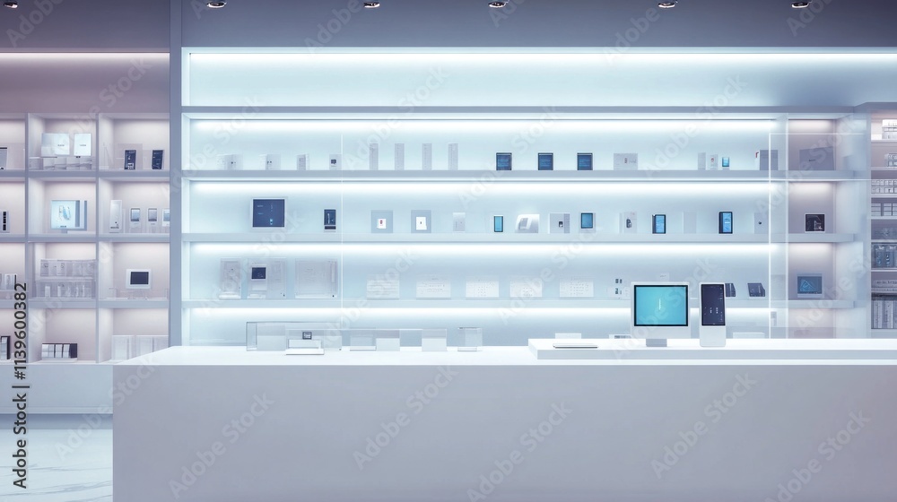 A clean and modern digital tech store with white shelves, showcasing the latest devices in a glass case, with tech products displayed behind the showcase. A clean and modern digital tech store with white shelves, showcasing the latest devices in a glass case, with tech products displayed behind the showcase.