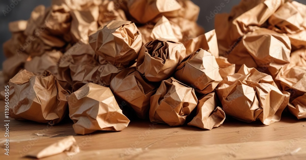 pile of crumpled brown wrapping paper on a table, wrinkled, table, crumpled pile of crumpled brown wrapping paper on a table, wrinkled, table, crumpled