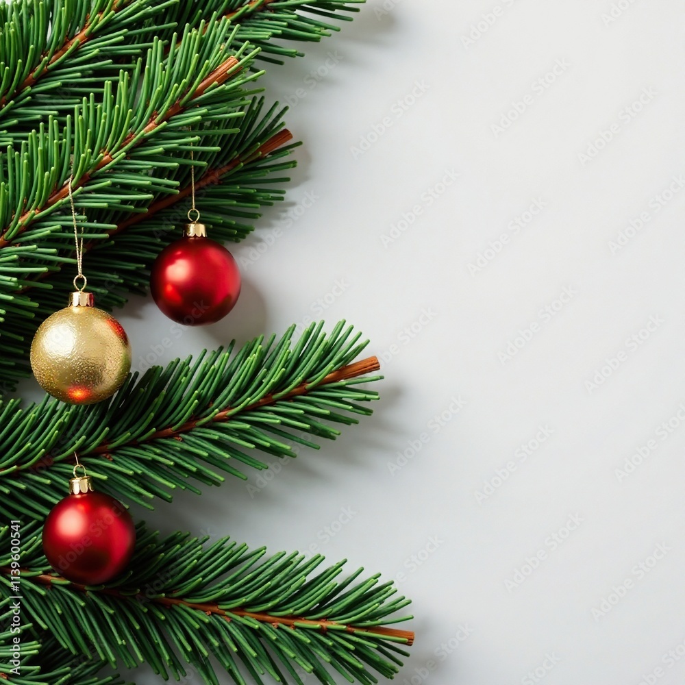 Pine branch with spherical decorations amidst needle-like foliage, greenery, balls Pine branch with spherical decorations amidst needle-like foliage, greenery, balls