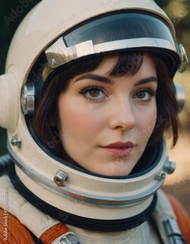 woman astronaut in spacesuit portrait, realistic illustration photo