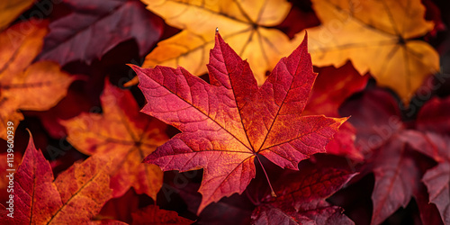 Close-up of a vibrant red and gold maple leaf amidst a pile of autumn leaves.