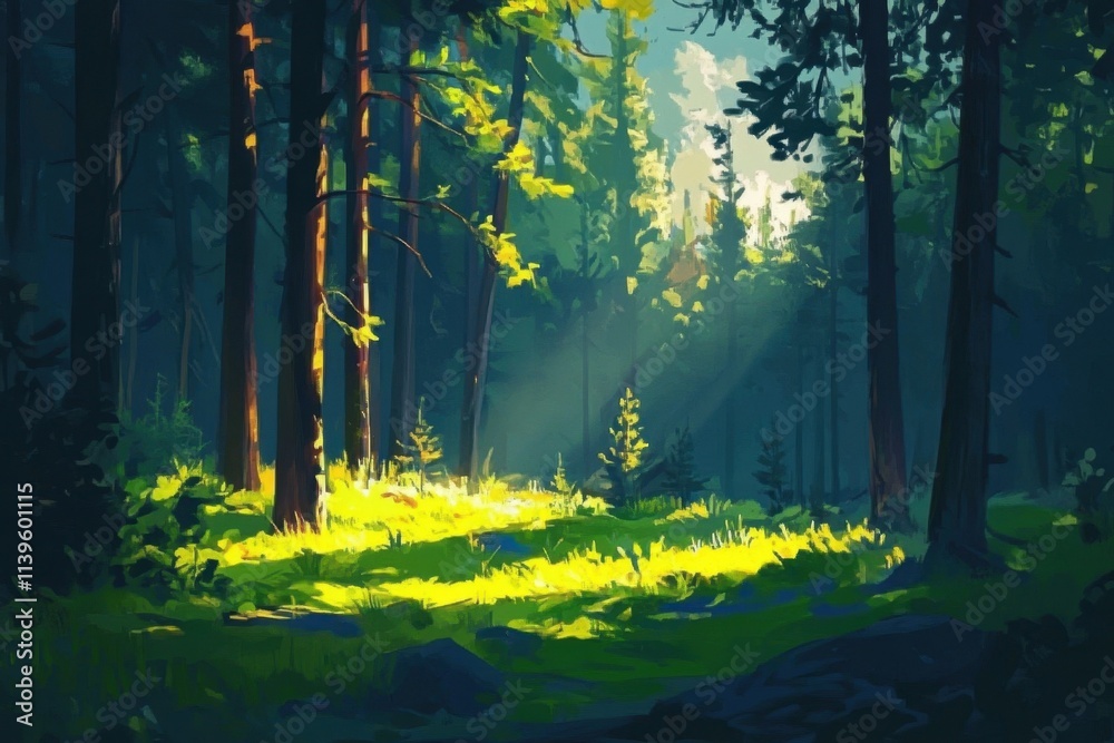 Fototapeta premium Captivating scenery featuring vibrant anime-style trees and foliage.