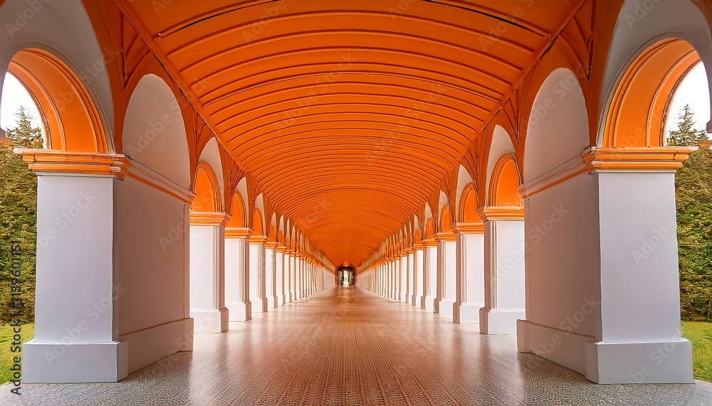 Fototapeta premium A long hallway with numerous orange arches and white columns extends into the distance
