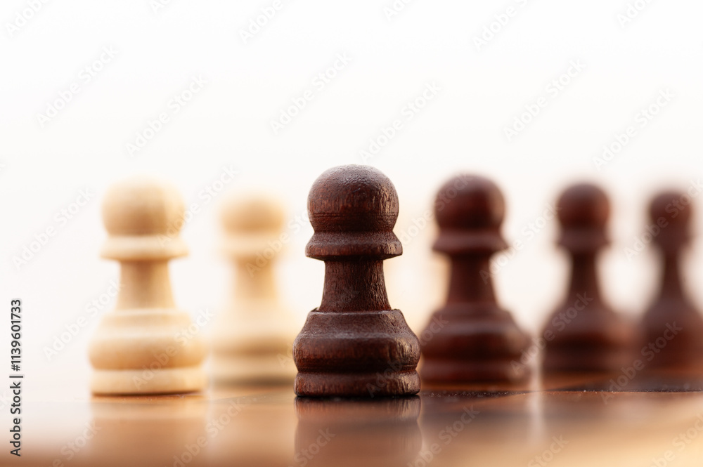 A black and white chess piece is on a board with other pieces