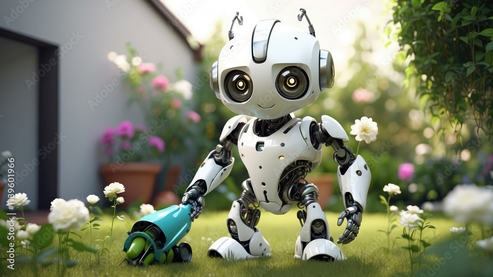 A friendly-looking robot with a metallic body and a screen for a face waters a garden in front of a house. A friendly-looking robot with a metallic body and a screen for a face waters a garden in front of a house.
