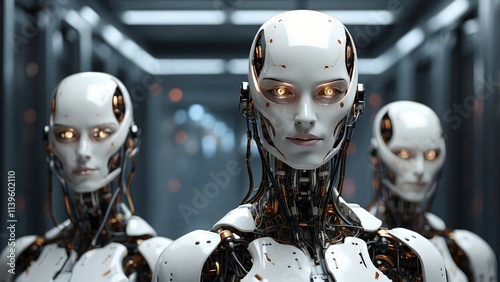 a futuristic, humanoid robot with glowing blue eyes and a sleek