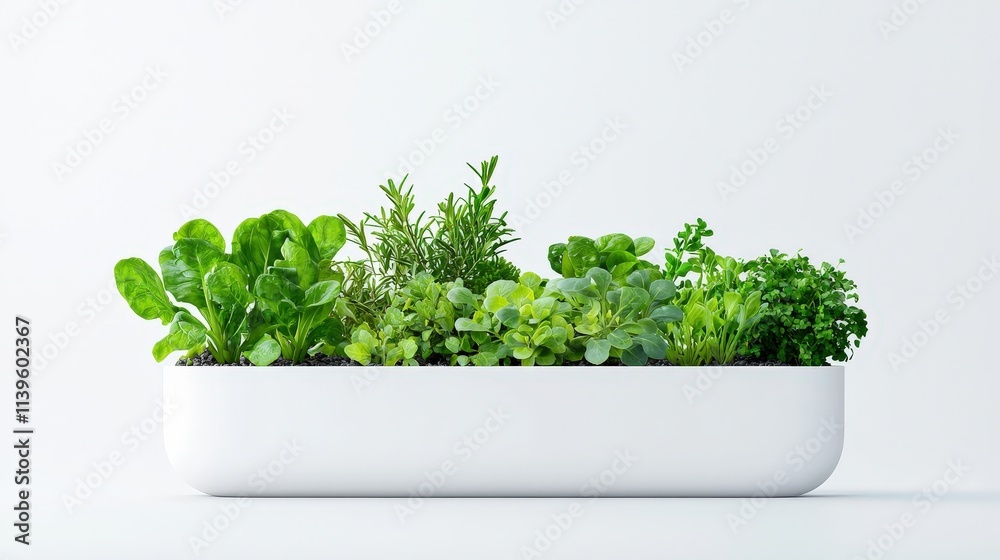 Fototapeta premium Fresh Herbs and Greens in Modern White Planter