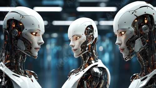 a futuristic, humanoid robot with glowing blue eyes and a sleek