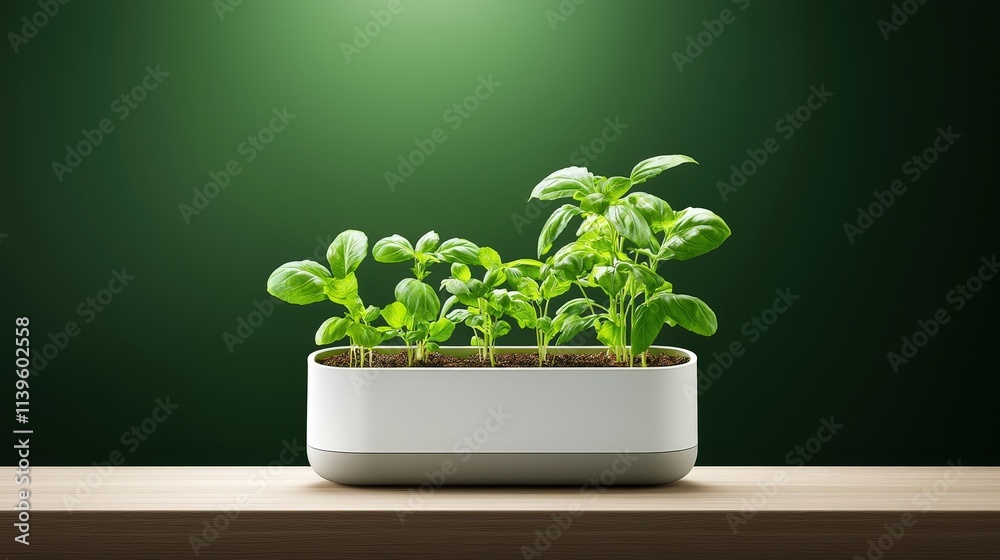 Fresh Green Herbs in Modern Planter on Wooden Surface Fresh Green Herbs in Modern Planter on Wooden Surface