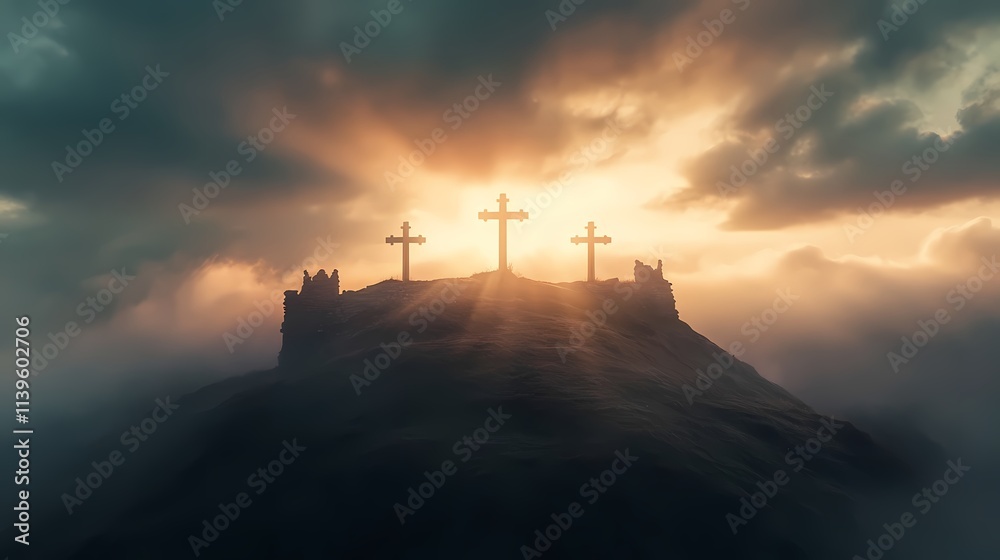 Majestic Sunrise with Three Crosses on Mountain Peak Surrounded by Fog, Evoking a Sense of Peace and Spiritual Reflection in a Serene Landscape Majestic Sunrise with Three Crosses on Mountain Peak Surrounded by Fog, Evoking a Sense of Peace and Spiritual Reflection in a Serene Landscape