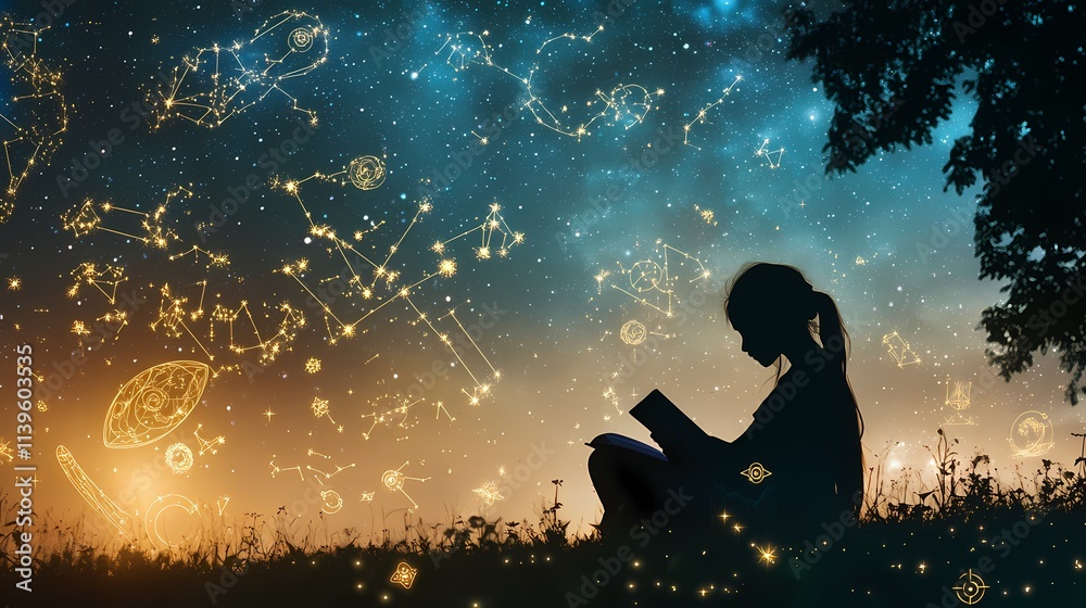 Enchanted Night Sky with Stars and Constellations Illuminating a Silhouette of a Young Woman Reading in a Dreamy Landscape