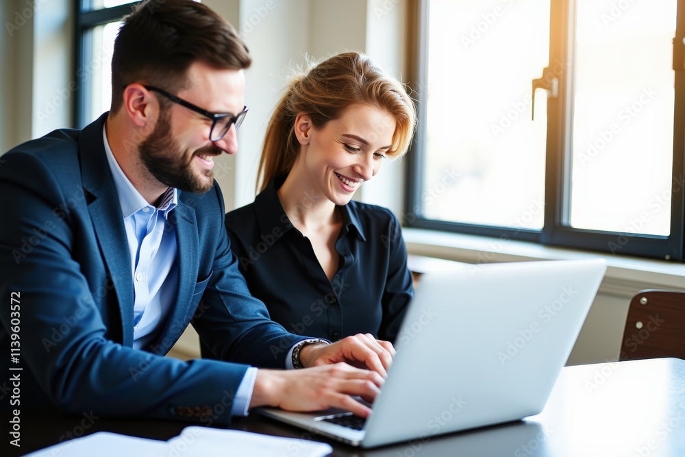 Professional Business Team Collaborating on Laptop in Modern Office Setting, Ideal for Business Marketing and Teamwork Concepts Professional Business Team Collaborating on Laptop in Modern Office Setting, Ideal for Business Marketing and Teamwork Concepts