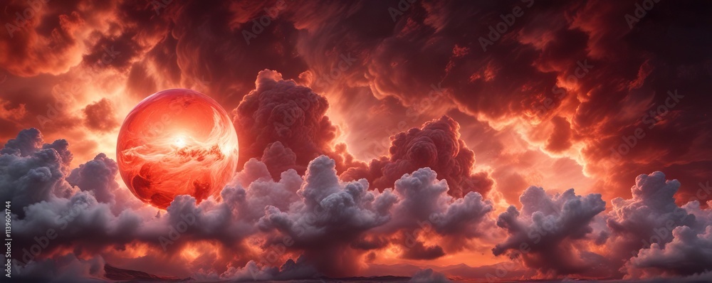 Ethereal red light emanating from a glowing spherical entity amidst wispy cloud formations, wispy, ethereal Ethereal red light emanating from a glowing spherical entity amidst wispy cloud formations, wispy, ethereal