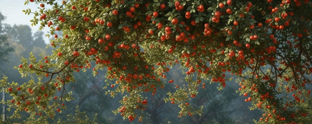 Dogrose shrub with a large number of rosehips hanging from its branches , foliage, plant detail Dogrose shrub with a large number of rosehips hanging from its branches , foliage, plant detail