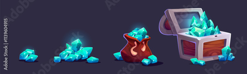 Treasure gems pile increase progress for game level rank award. Turquoise crystals in heap, brown cloth sack full of jewel gemstones, open ancient wooden chest overflowing with shiny diamonds.