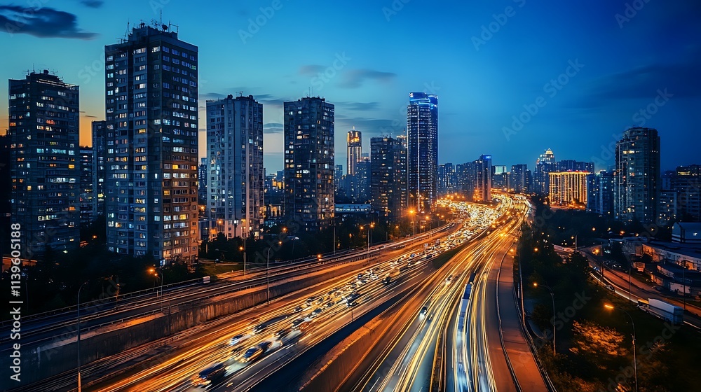 Busy city highway at night. Concept of urban life, traffic, and modern city. Busy city highway at night. Concept of urban life, traffic, and modern city.