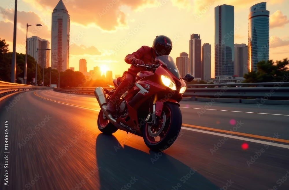 Motorcyclist speeds along city road at sunset, leaning into the curve with skyscrapers in the background. Excitement and freedom of motorsport. Urban setting, transportation, extreme hobby Motorcyclist speeds along city road at sunset, leaning into the curve with skyscrapers in the background. Excitement and freedom of motorsport. Urban setting, transportation, extreme hobby