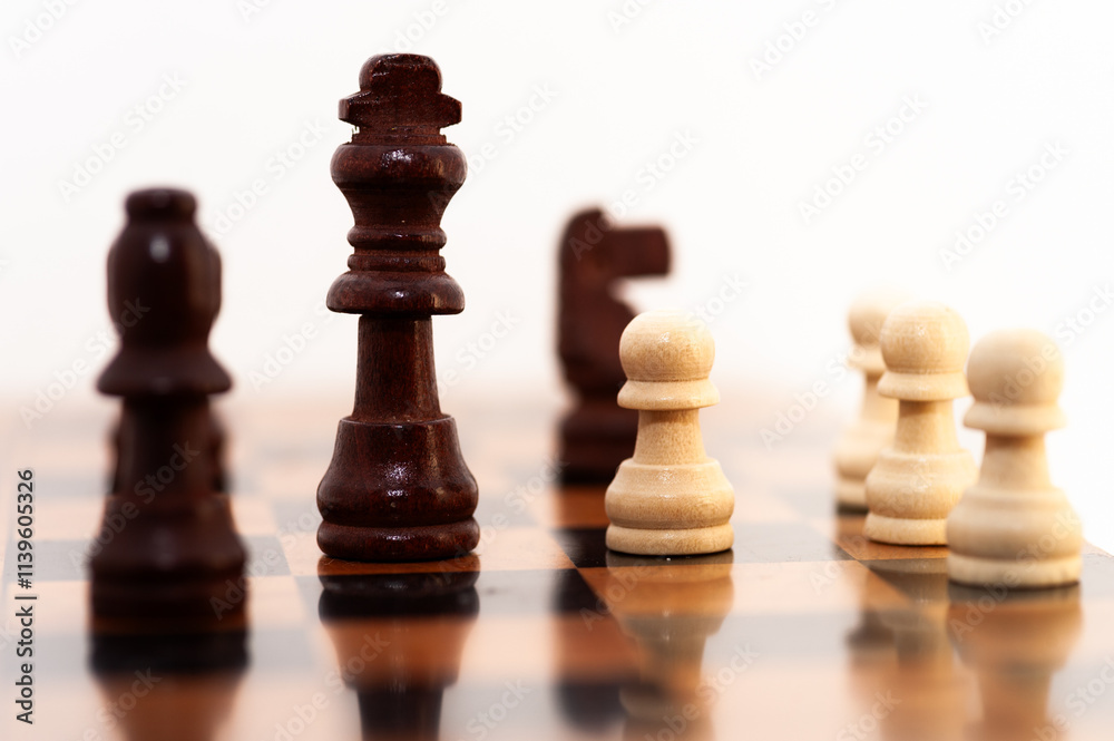 A black and white chess piece is on a board with a black and brown piece A black and white chess piece is on a board with a black and brown piece