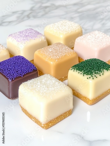 Assorted colorful square chocolates with sprinkles. photo