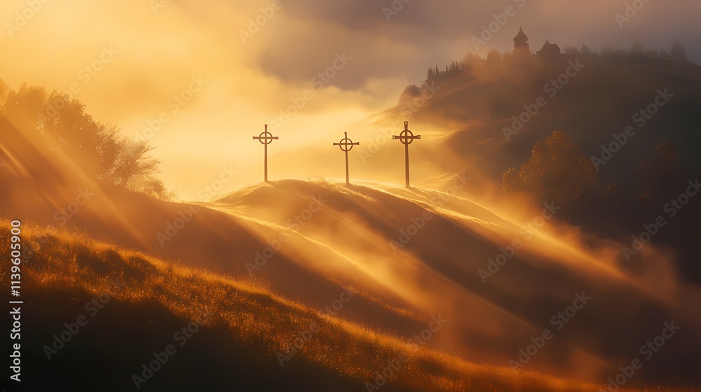 Obraz premium Serene Landscape with Silhouetted Crosses at Sunrise in Misty Hills, Capturing Spirituality and Nature's Beauty in a Dreamy Atmosphere
