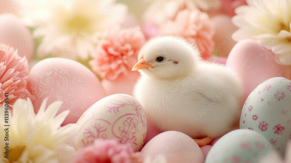 Adorable chick and pastel easter eggs surrounded by spring flowers Adorable chick and pastel easter eggs surrounded by spring flowers