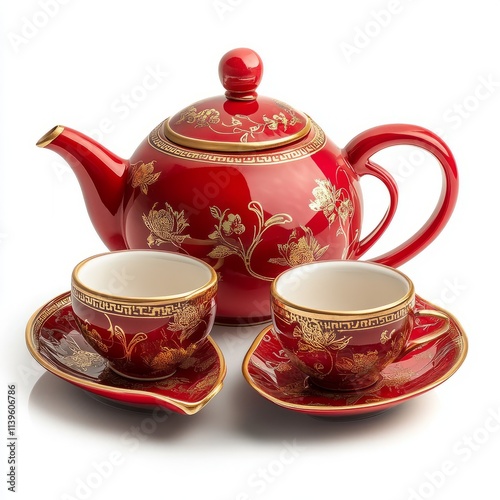 Chinese tea set with red and gold details isolated on white background