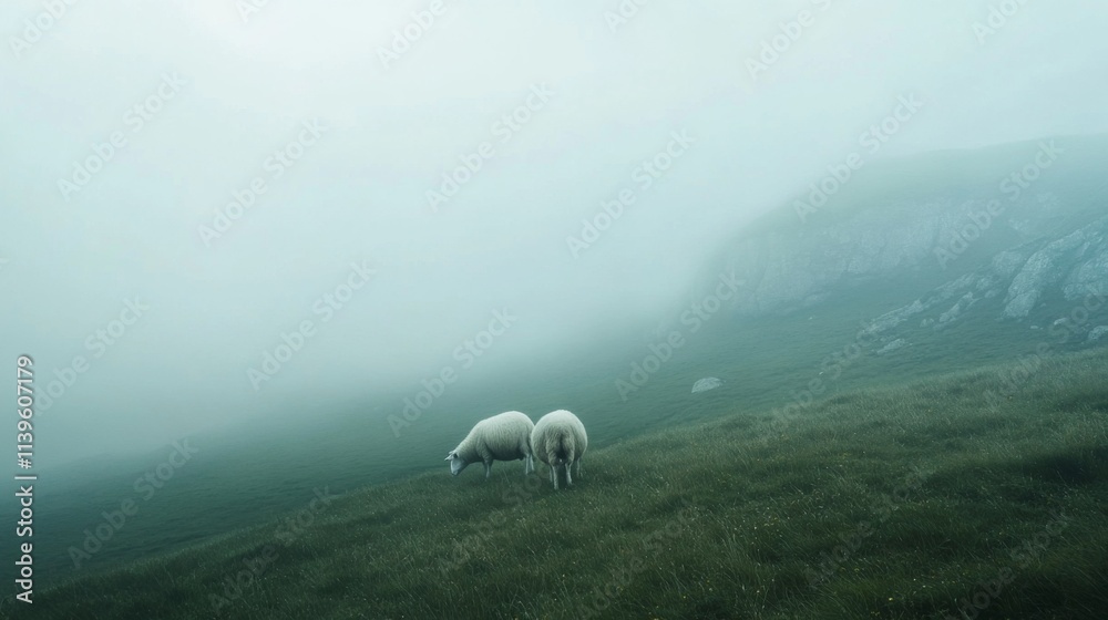 Fototapeta premium Two sheep graze on a misty hillside.