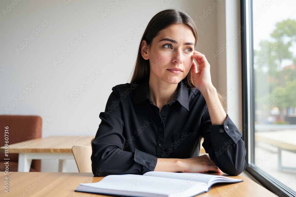 Professional Woman in Black Blouse Working at Desk Near Window, Ideal for Business, Marketing, and Office Concepts Professional Woman in Black Blouse Working at Desk Near Window, Ideal for Business, Marketing, and Office Concepts