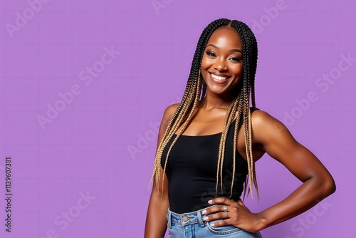 Confident Young Woman with Braids Posing Against Purple Background, Perfect for Social Media, Advertising, and Marketing Materials photo