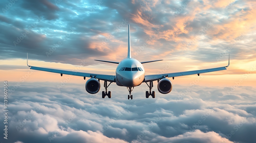 Obraz premium Airplane above clouds at sunset. Concept of travel, journey, and freedom.