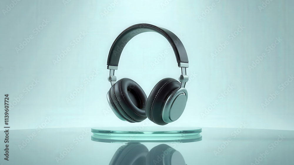 Stylish wireless headphones are showcased on a glass surface, illuminated by soft lighting that highlights their sleek design and modern appeal. The clean backdrop draws attention to their features. Stylish wireless headphones are showcased on a glass surface, illuminated by soft lighting that highlights their sleek design and modern appeal. The clean backdrop draws attention to their features.