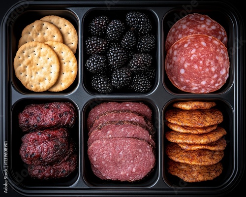 Assorted gourmet snacks in a black tray; crackers, salami, blackberries. photo